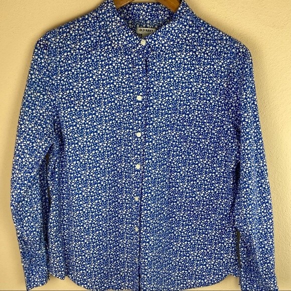 Old Navy Women's Large Petite Long Sleeve Button Down Top Blue and White - Picture 3 of 10